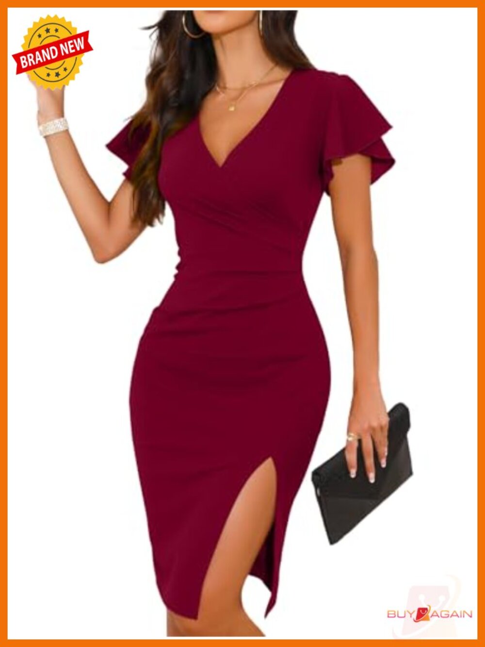 Waymaker Women's V Neck Wrap Ruffle Sleeve Bodycon Slit Cocktail Dress